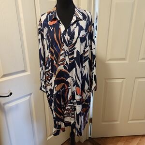 NIC+ZOE Seaside Shade Dress Botanical Print Navy Orange Ivory 3/4 Sleeve Sz L